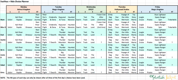 Disney World Fast Pass FastPass Grid Spreadsheet for Reservations