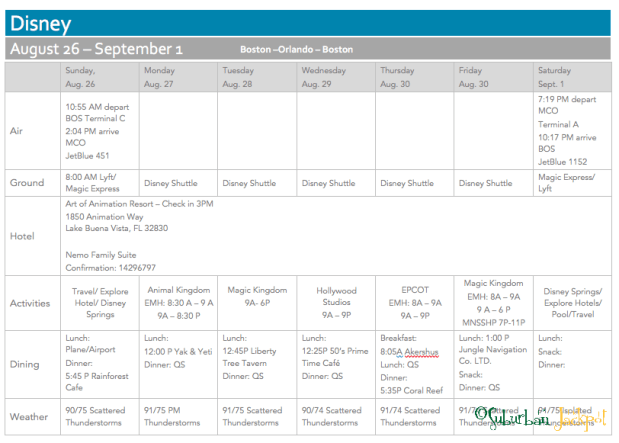 Disney trip itinerary planning grid logistics